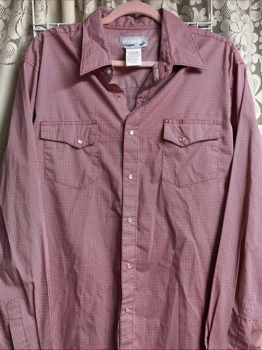 Wrangler Men’s Dusty Red Patterned Long-Sleeve Button-Down Shirt X-Large Tall